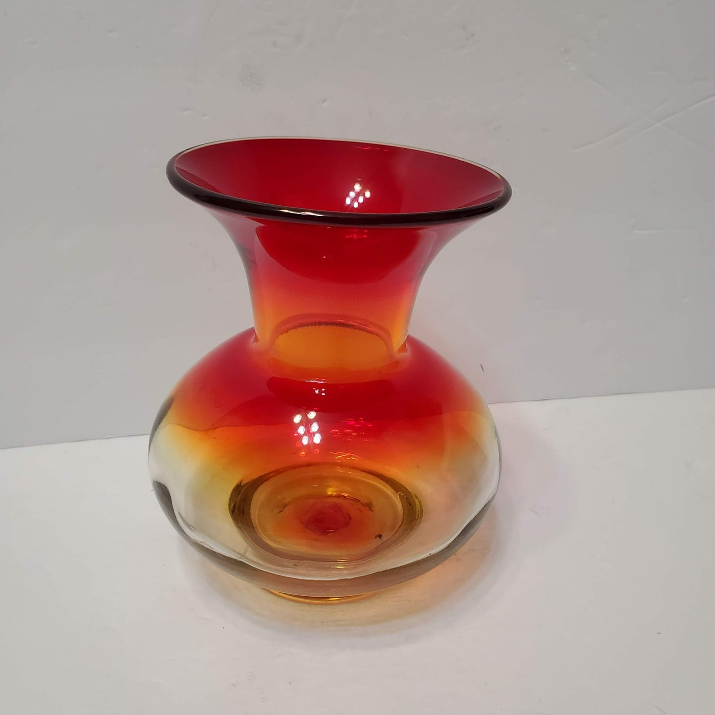 Vintage Blenko Art Glass Hand Blown Amberina Vase, 6" Tall Bulbous Orange Yellow