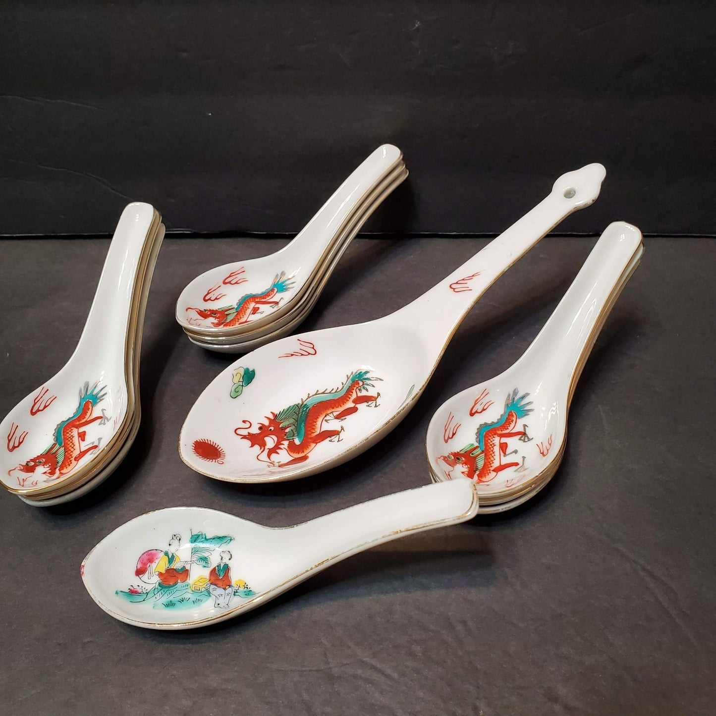 Vintage Asian Japanese Soup Spoons and Server, Set of 11, Red Dragon Gold Edging