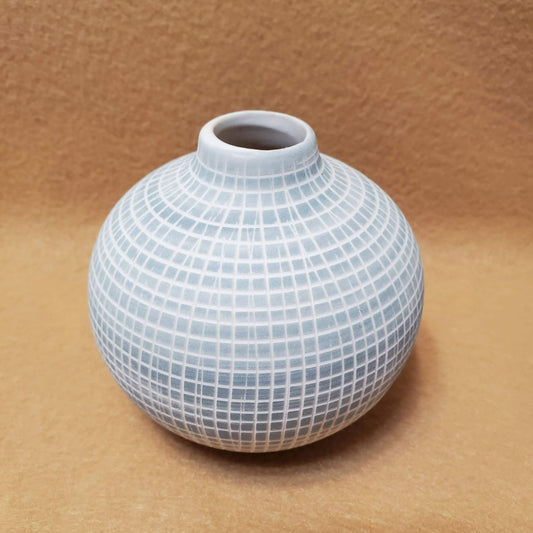 Small Bisque Porcelain Ceramic Bud Vase, Spherical, Engraved Checked Grey Blue