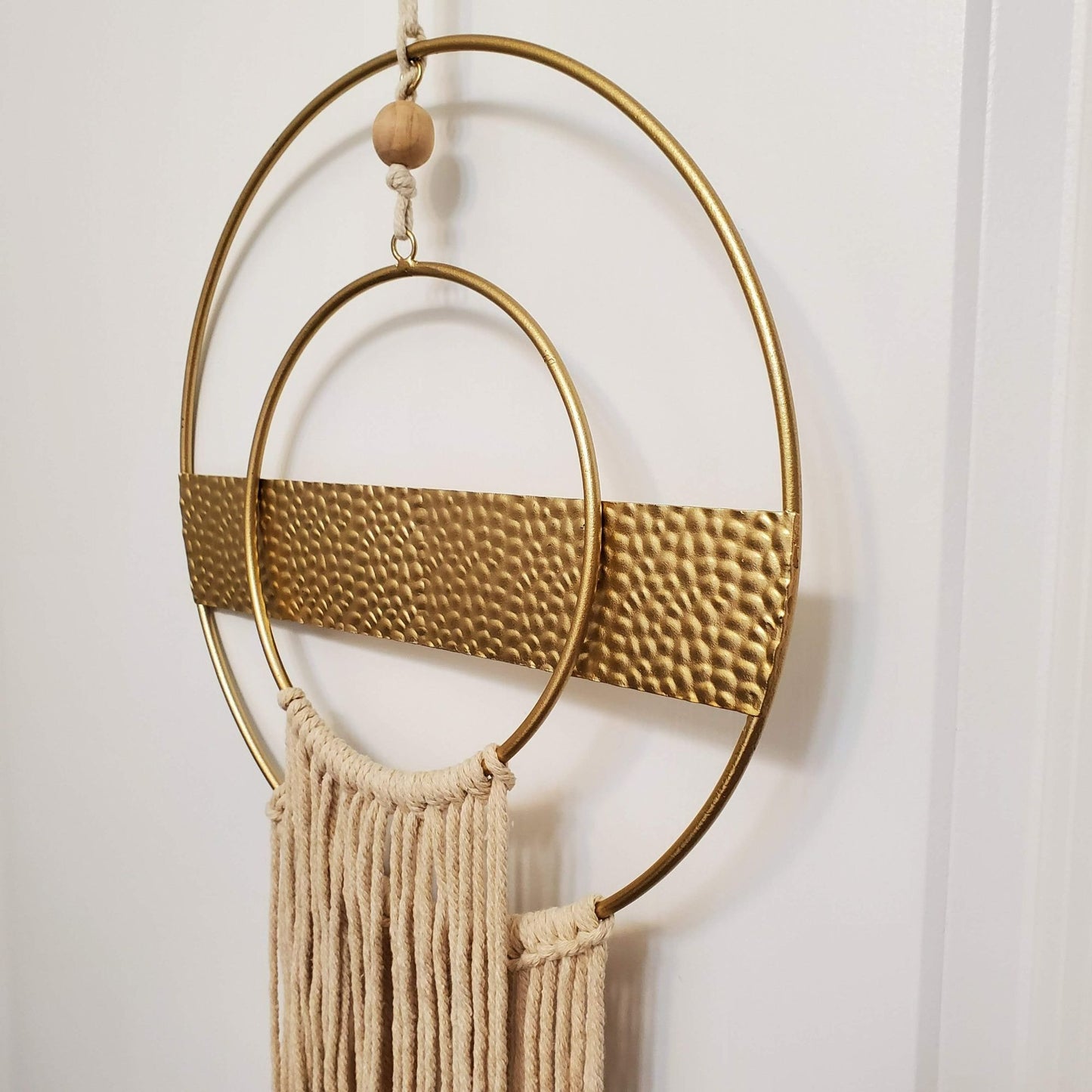 Macrame Wall Hanging, Dream Catcher, Gold Tone Brass and Cotton, Boho Wall Decor