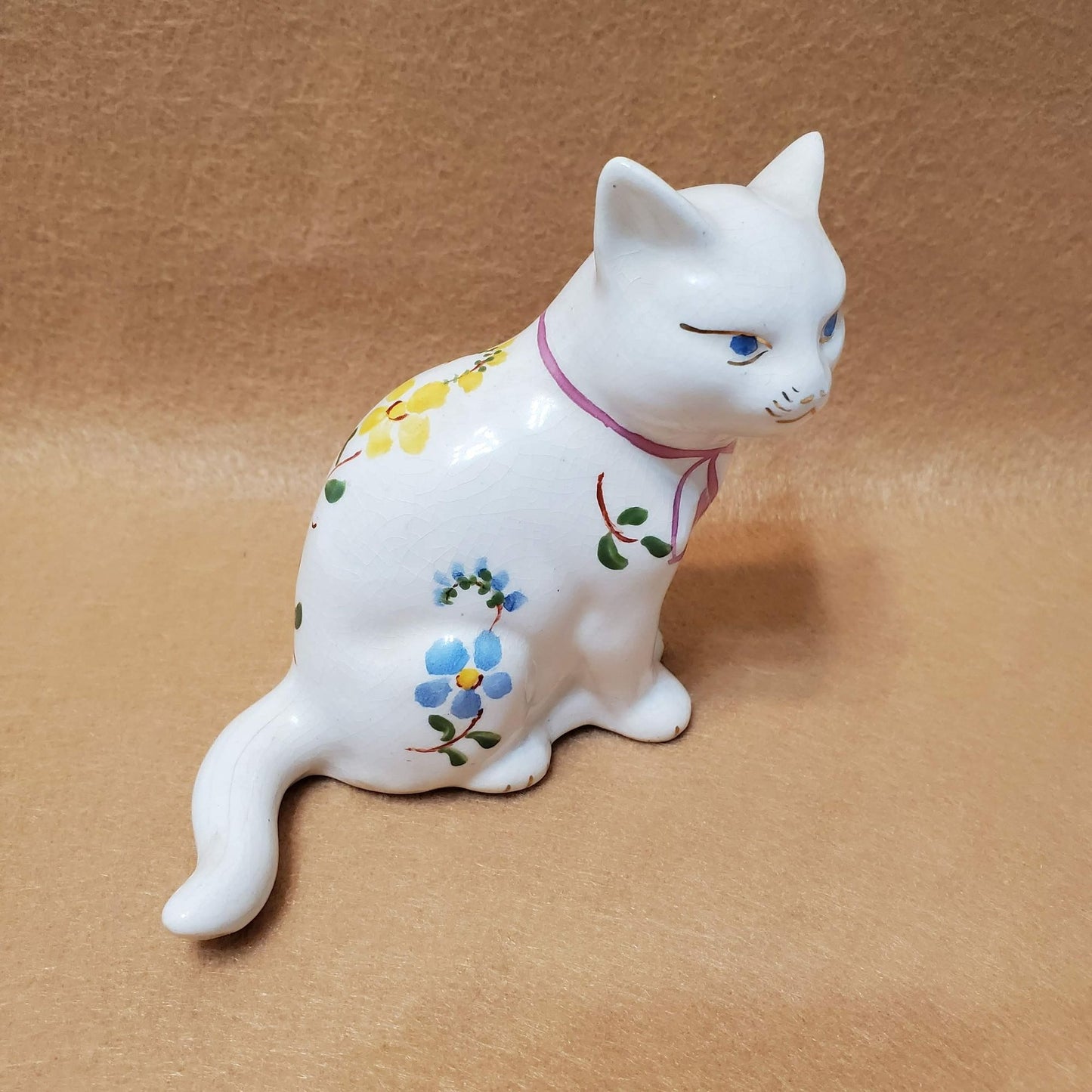 Vintage White Floral Cat Figurine, Pink Bow Hand Painted Flowers Blue Eye Kitten