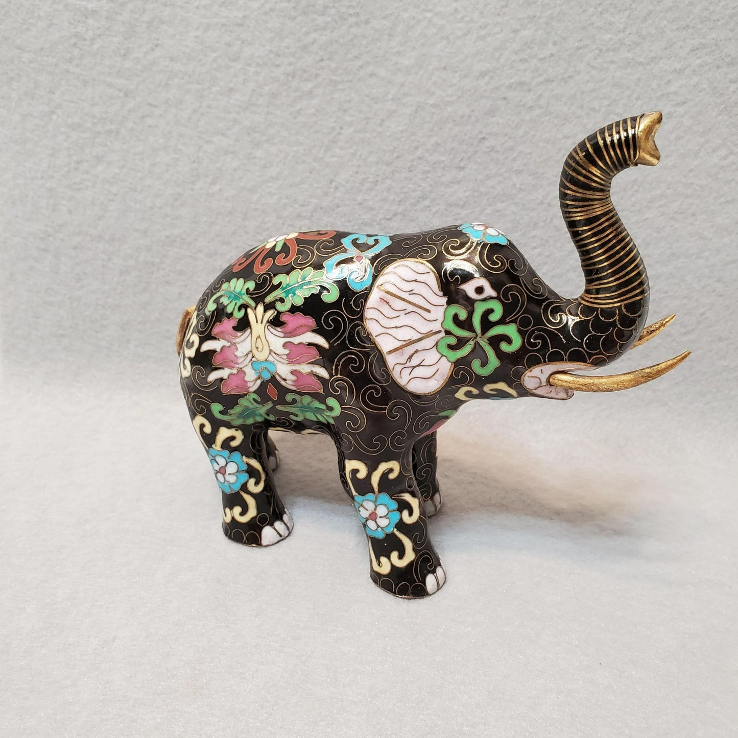 Vintage Cloisonne Elephant Figurine, Enamel, Upraised Trunk Up, Good Luck Statue