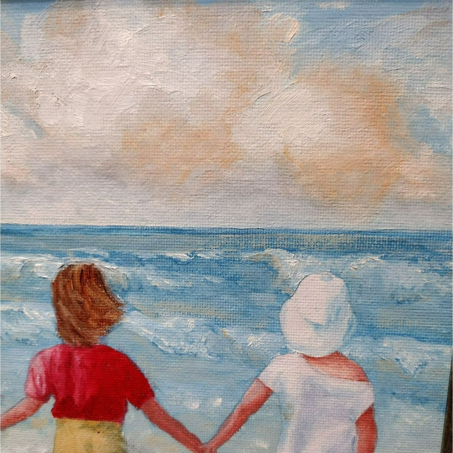 Framed Oil Painting, Signed J Bremer 2007 Girl Friends on Beach Coastal Wall Art