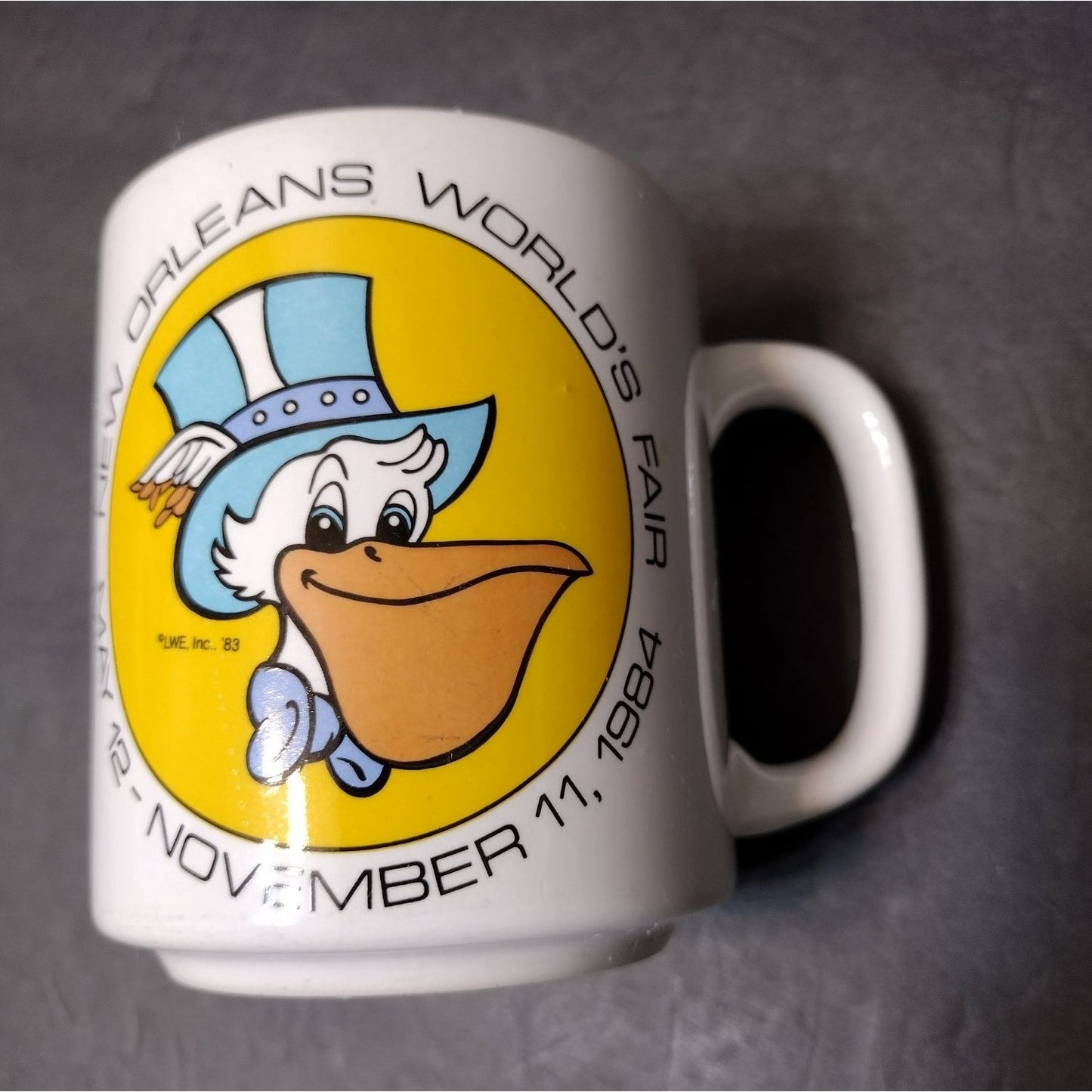 1984 New Orleans World's Fair Mug, Louisiana Seymore D. Fair Pelican Coffee Cup