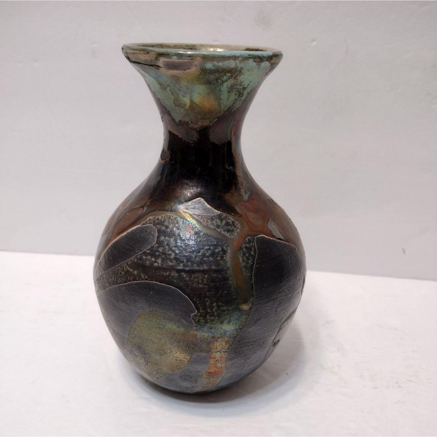 Vintage Raku Pottery Vase signed B Thomas, Black Green Copper Art Studio Pottery