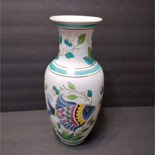 Vintage Chinoiserie Vase, 12" Porcelain Chinese Jar, Fish Motif, Blue Green, Coastal Decor