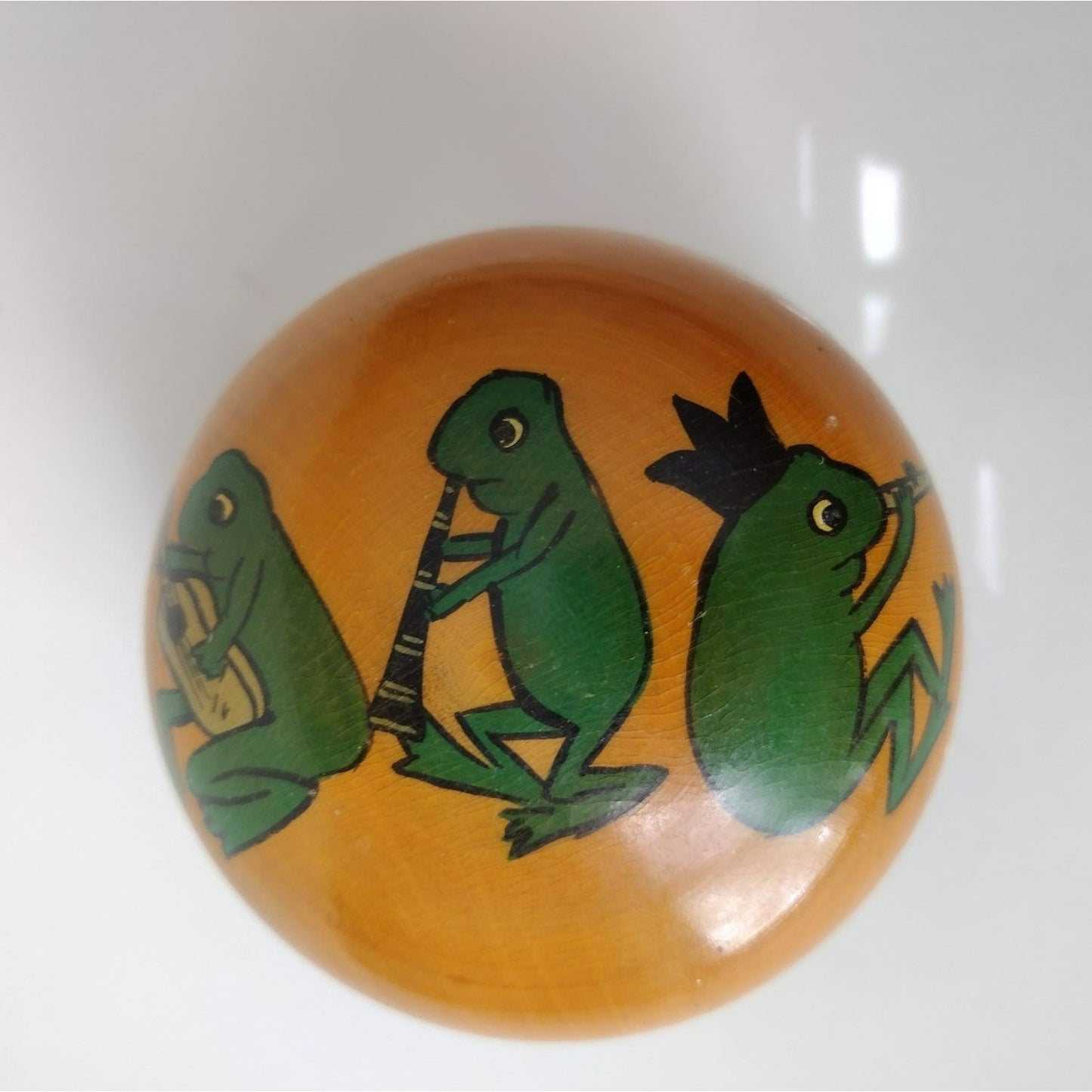 Hand Painted Wooden Frog Trinket Box, 3 Toad Musicians, Green Beige Lidded Jar