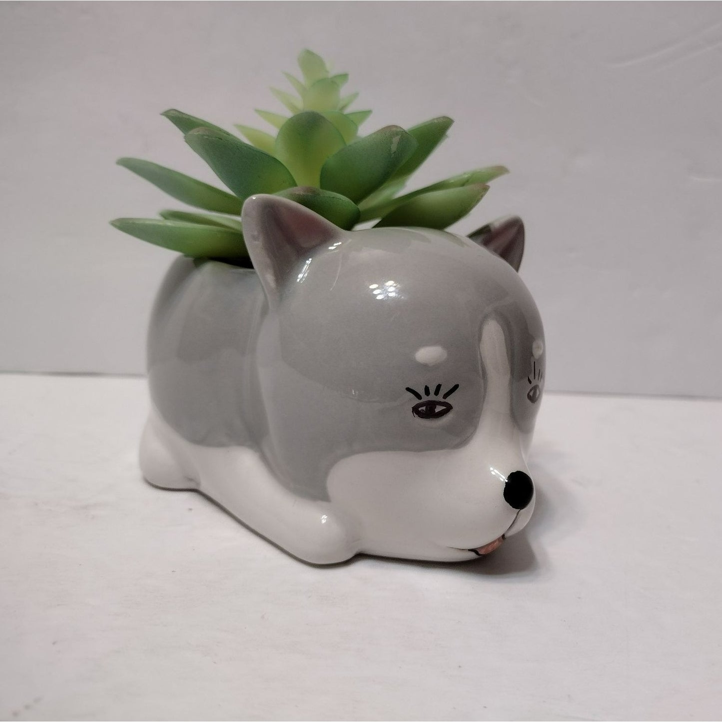 Husky Dog with Faux Plant, Grey Ceramic Puppy Animal Succulent Planter Pot Gift