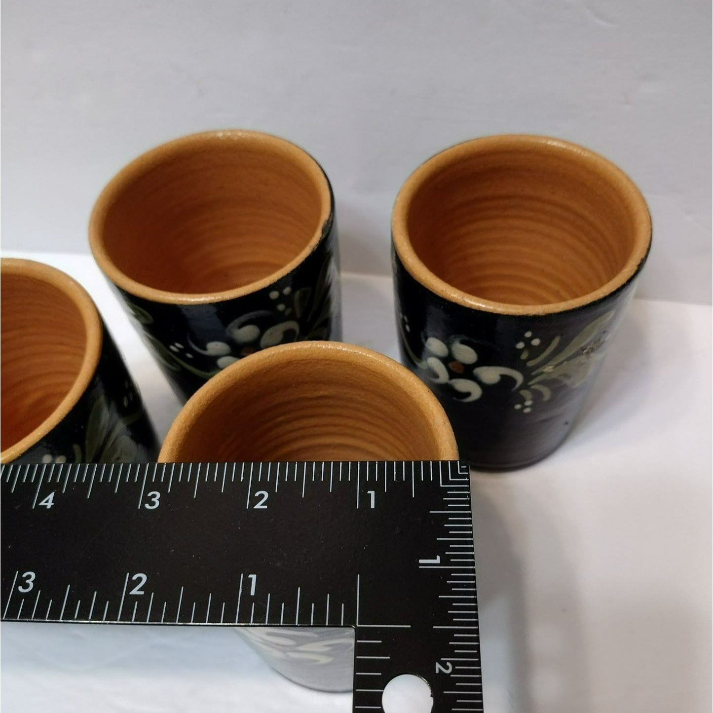 Alsace France Folk Art Pottery Cups, 4 pc, Vintage French Tumblers Blue Floral