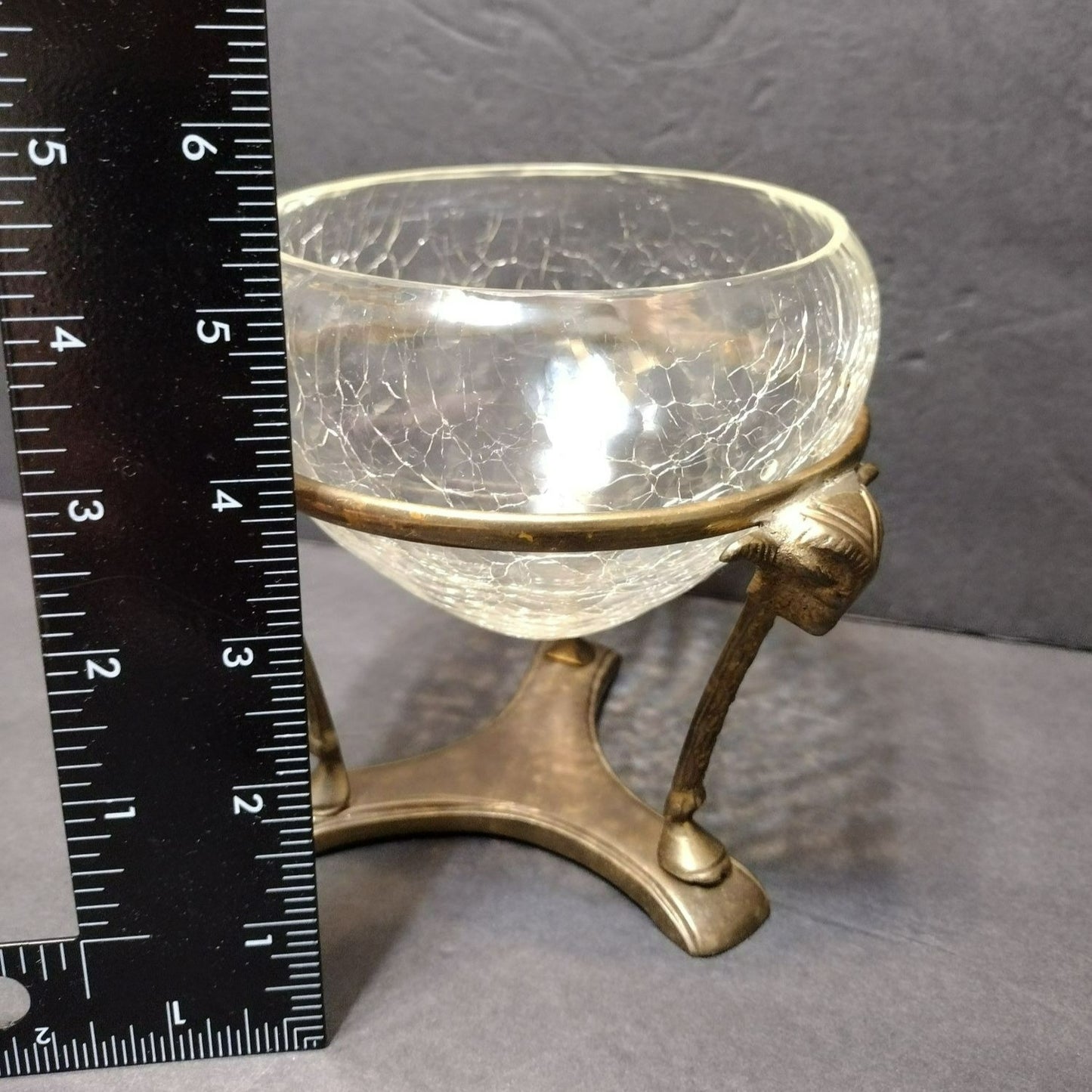 Vintage Crackle Glass Bowl in Ornate Brass Stand, Vase Gold Rams' Head Pedestal