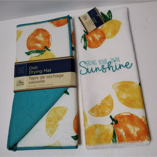 Lemon Citrus Kitchen Linens, Kitchen Towel, Drying Mat, Sunshine Yellow Blue NEW