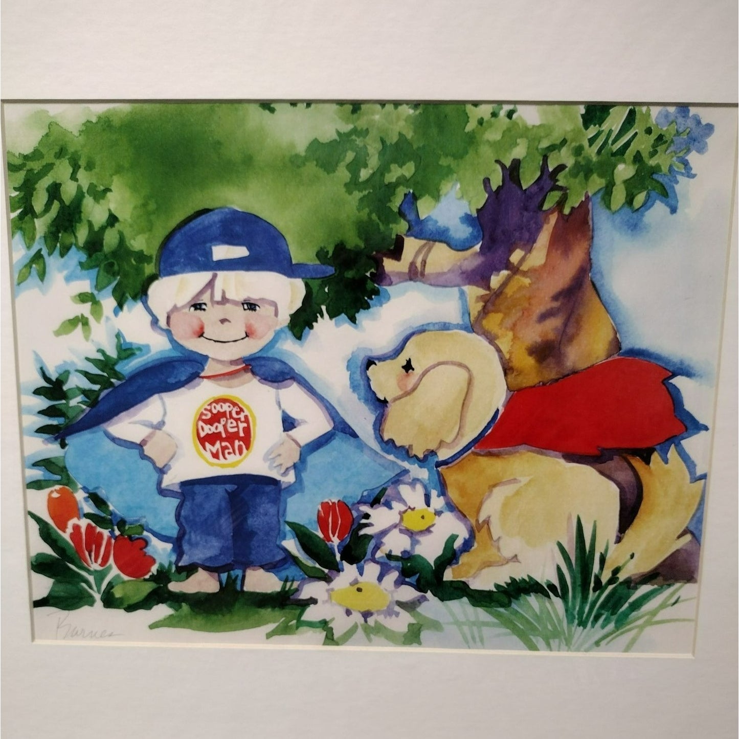 Signed Art Print by Diana Barnes, Matted Watercolor Artwork, Superman Boy & Dog