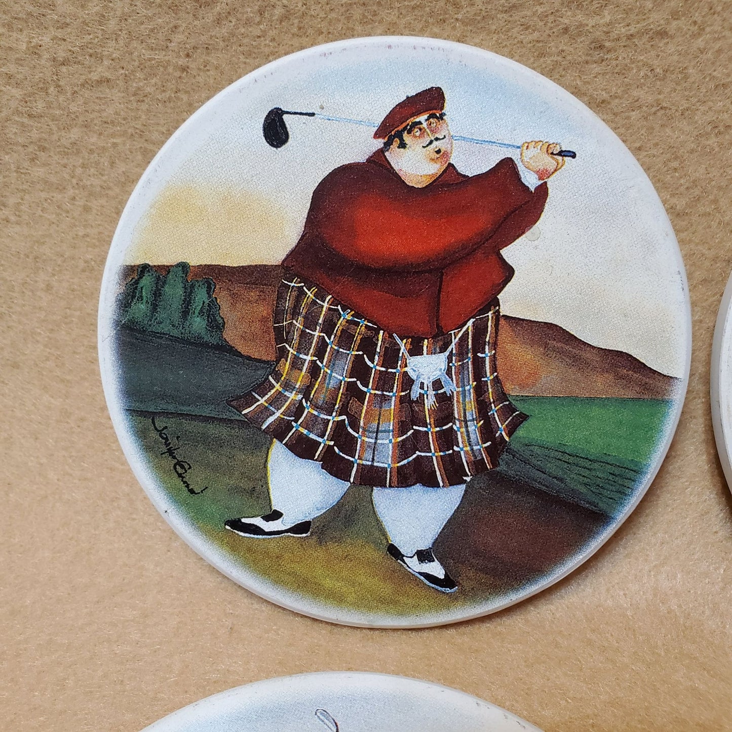 Golf Coasters, Jennifer Garant Ceramic Trivets, Set of 4, Cork Back, Scot Kilts