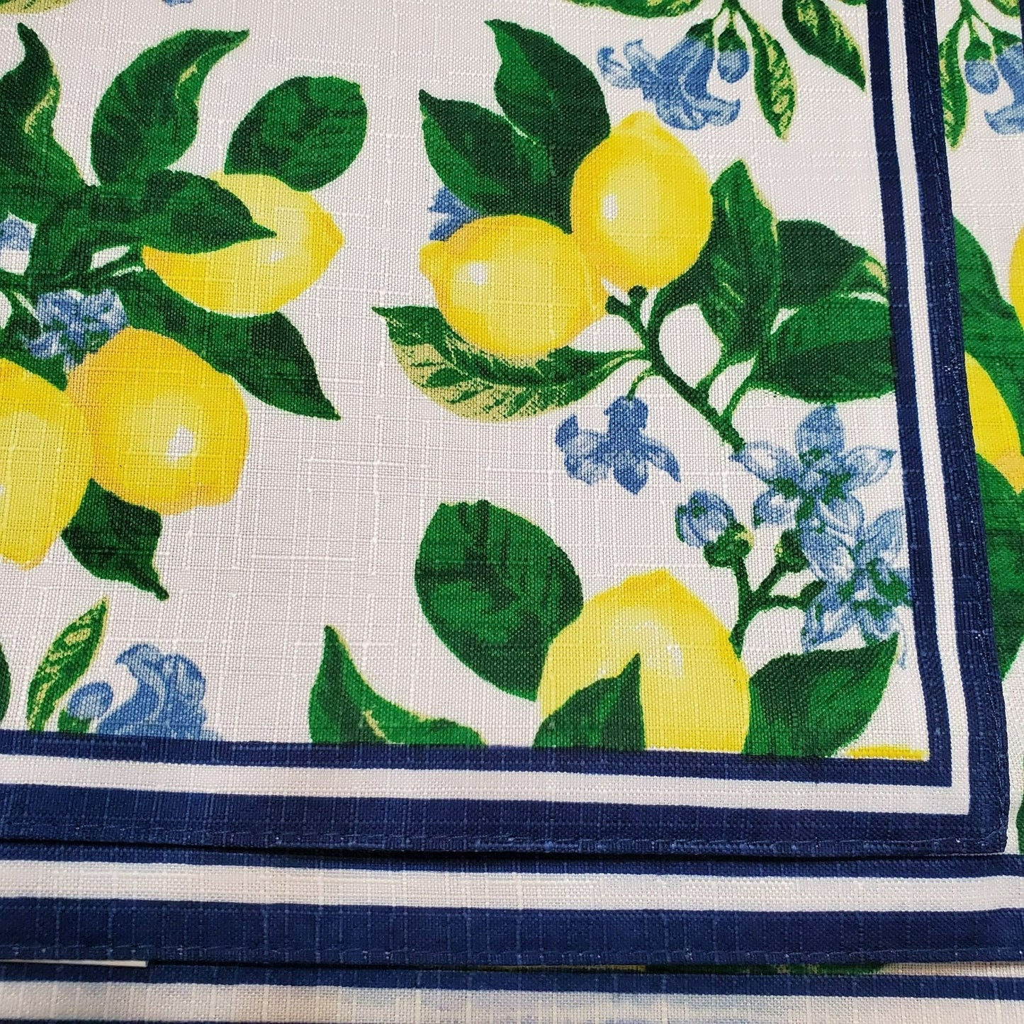 Lemon Citrus Placemats, Set of 4, Fabric Reversible Blue, Washable 17x11 NEW