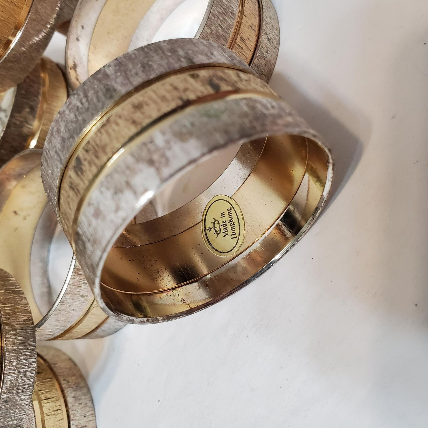 Vintage Chrome and Gold Tone Napkin Rings, Set of 12, Silver Textured Striped