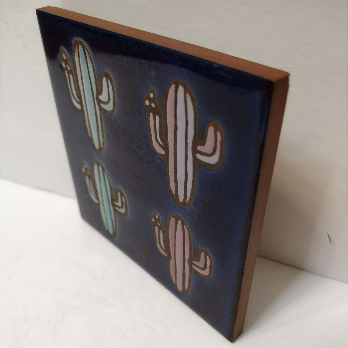 Masterworks Hand Crafted Art Tile, Ceramic Blue Cactus Trivet Coaster Wall Tile