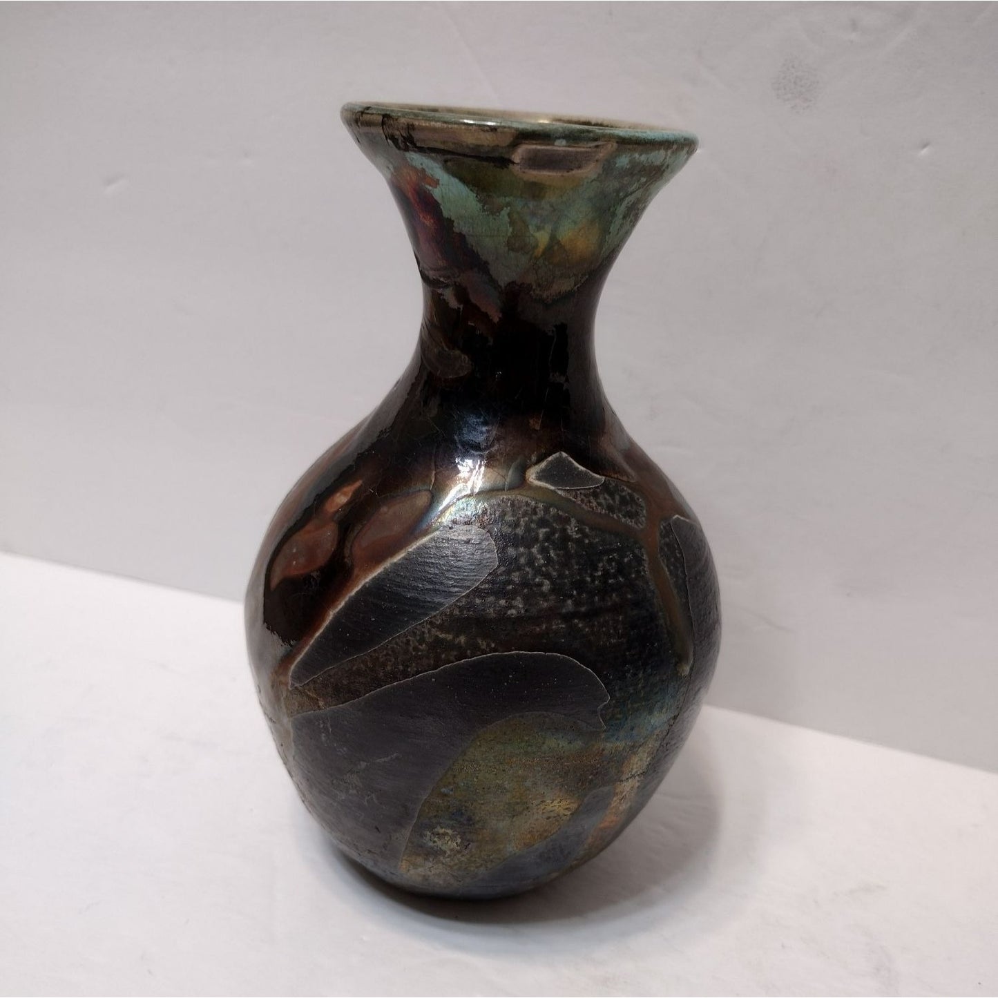 Vintage Raku Pottery Vase signed B Thomas, Black Green Copper Art Studio Pottery