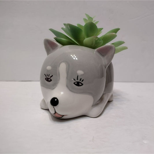 Husky Dog with Faux Plant, Grey Ceramic Puppy Animal Succulent Planter Pot Gift