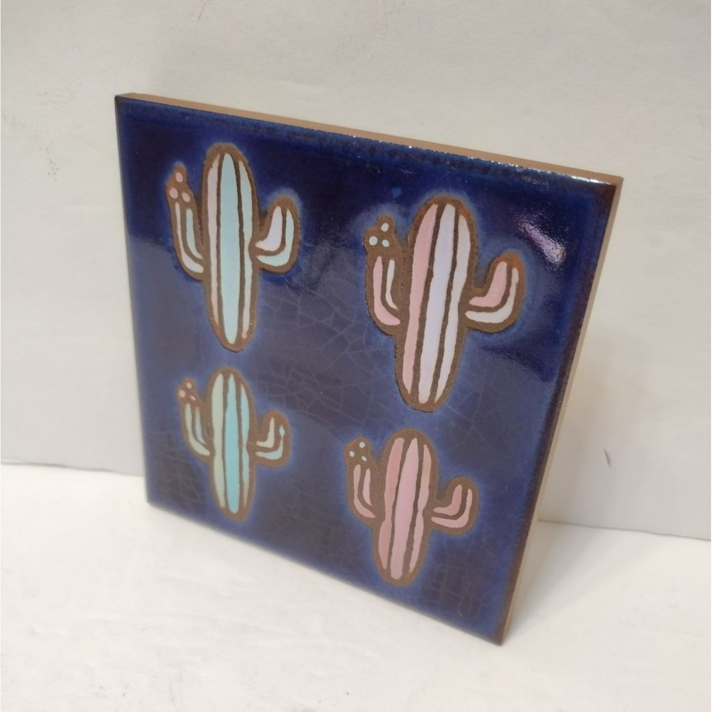 Masterworks Hand Crafted Art Tile, Ceramic Blue Cactus Trivet Coaster Wall Tile