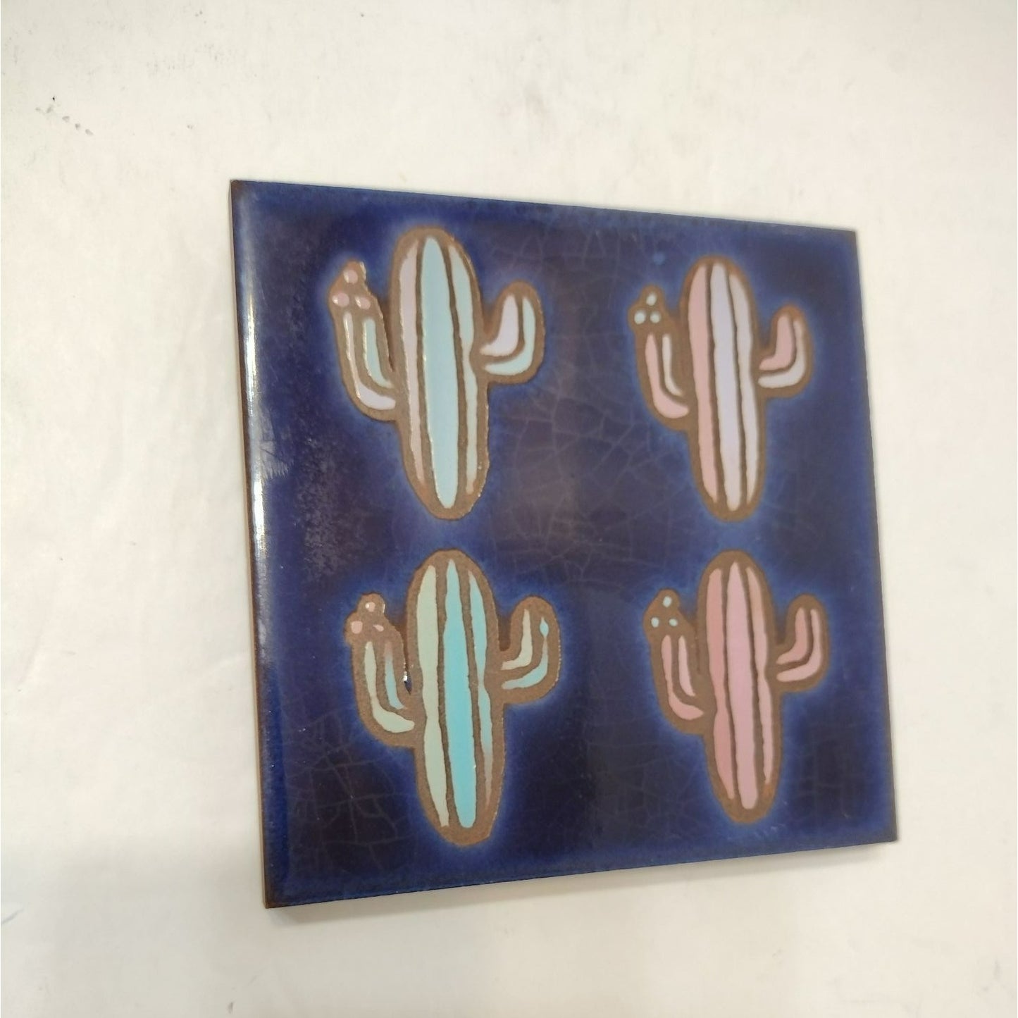 Masterworks Hand Crafted Art Tile, Ceramic Blue Cactus Trivet Coaster Wall Tile