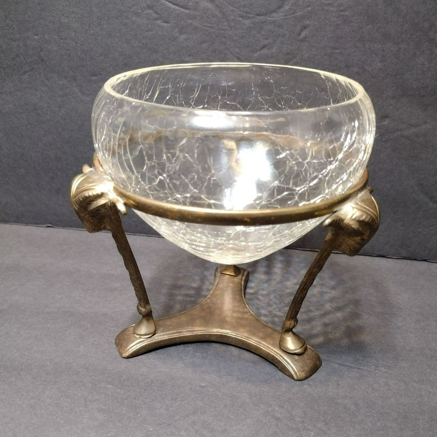 Vintage Crackle Glass Bowl in Ornate Brass Stand, Vase Gold Rams' Head Pedestal