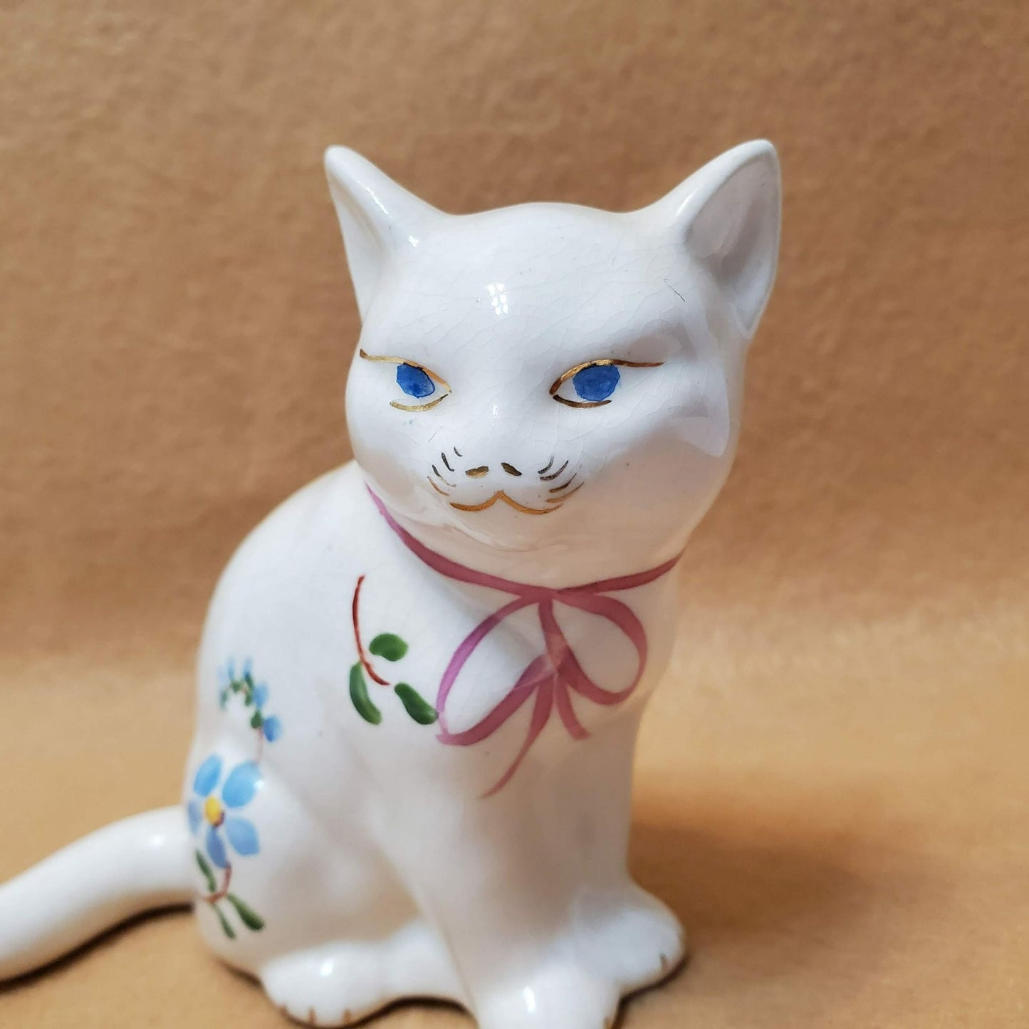 Vintage White Floral Cat Figurine, Pink Bow Hand Painted Flowers Blue Eye Kitten