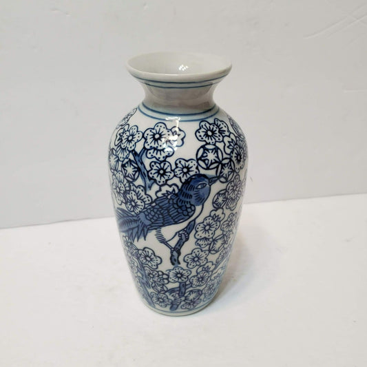 Blue & White Porcelain Vase, Chinoiserie Asian Style Floral Bird 6" Ceramic Vase