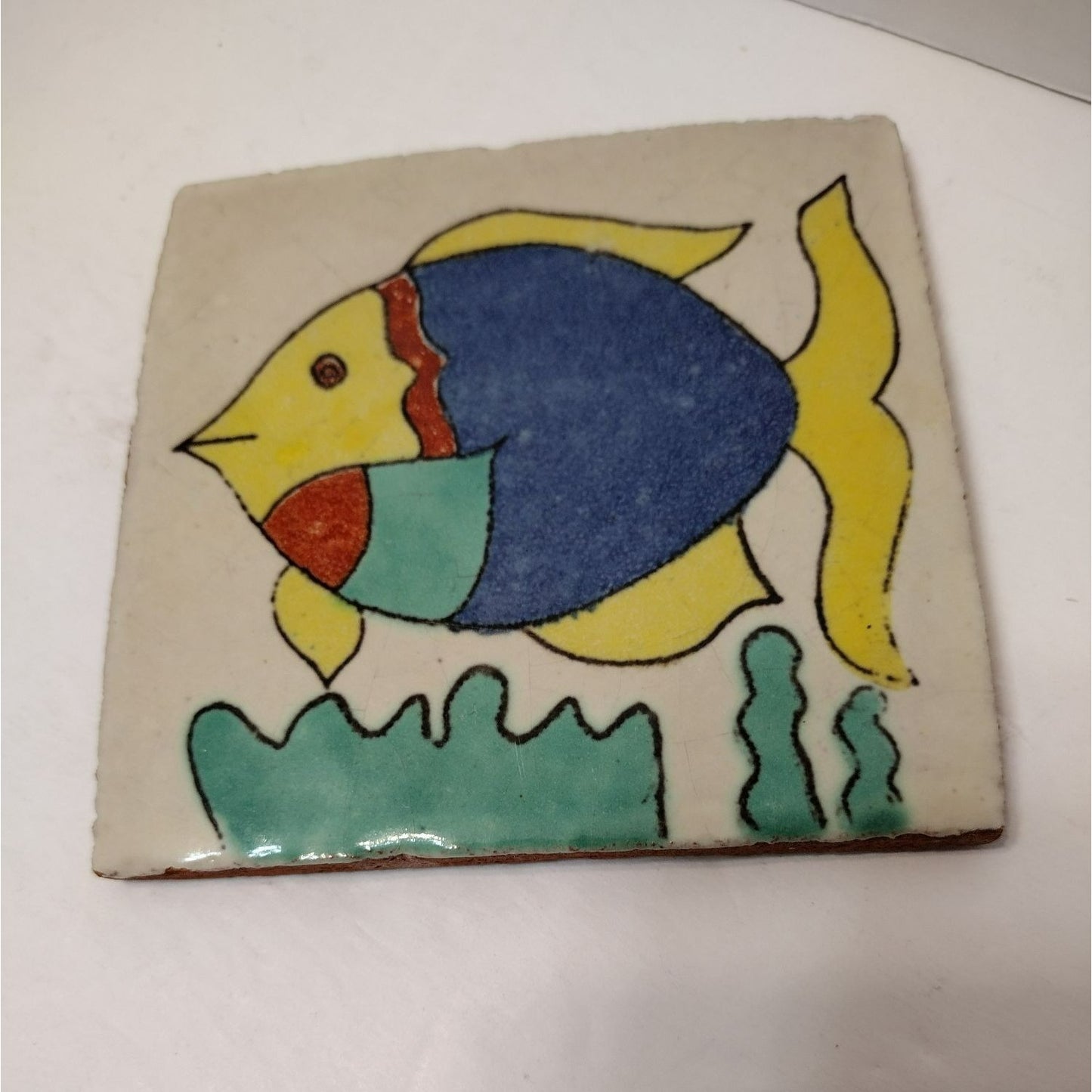 Mexican Folk Art Hand Crafted Art Tile, Ceramic Fish Coastal Yellow Blue Trivet