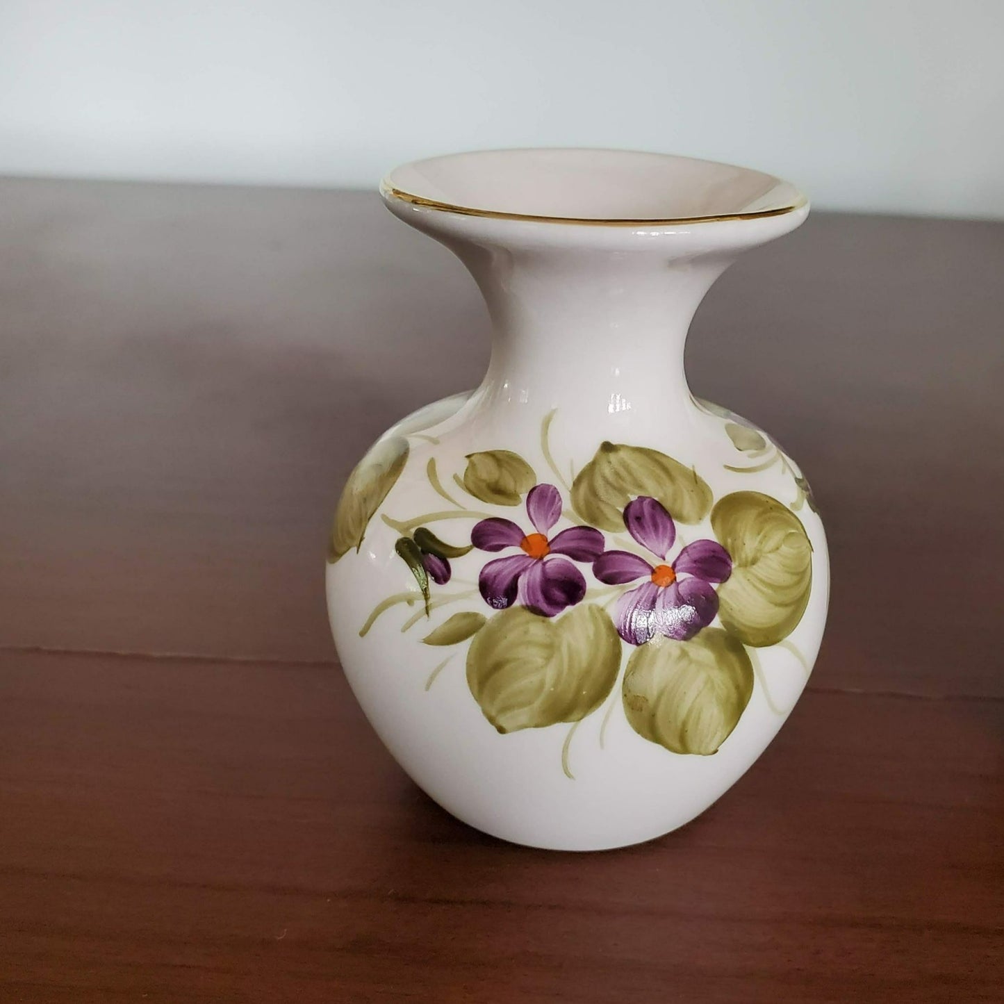 Miniature Hand Painted Porcelain Vase, Signed, Violet Flowers, Gold Trim, Floral