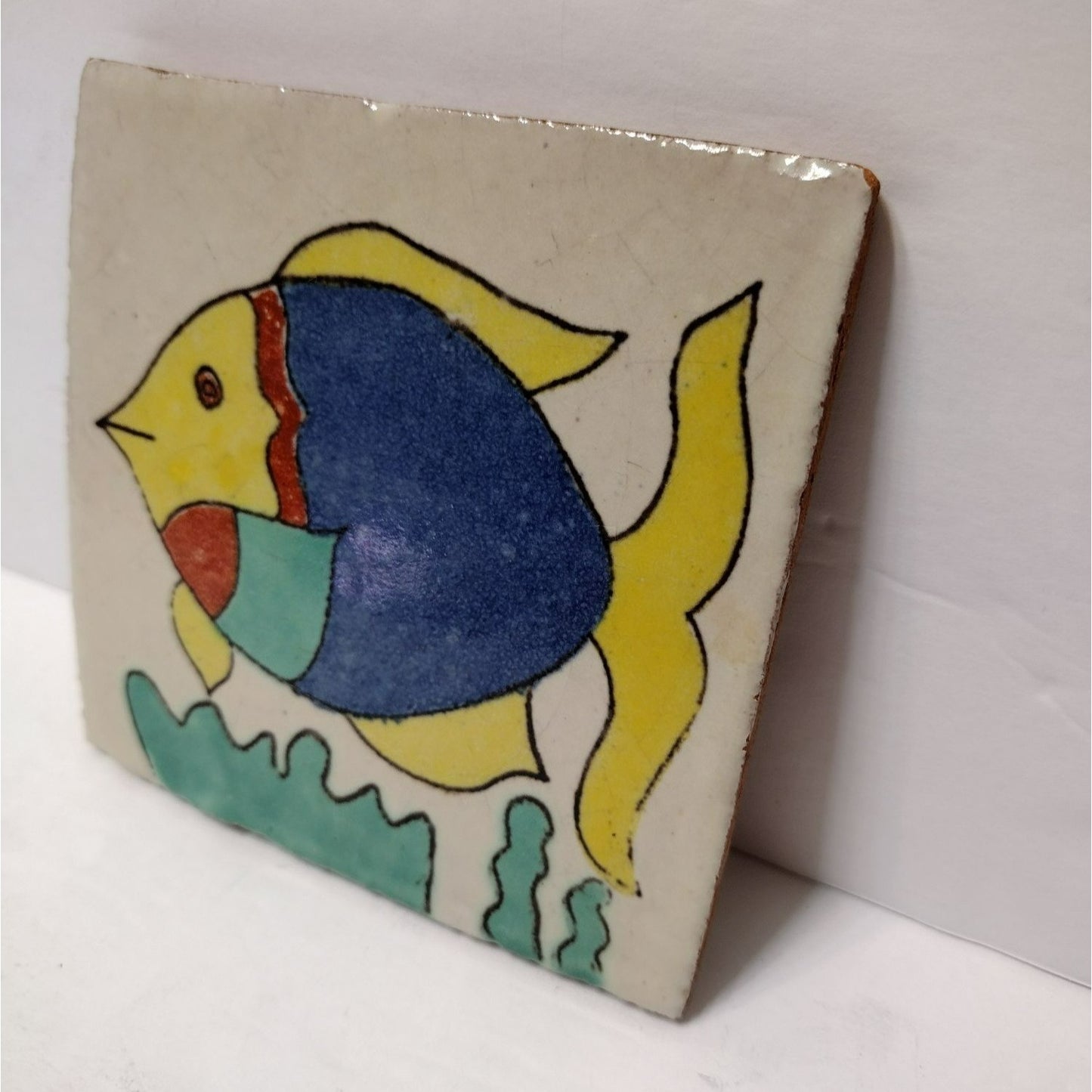 Mexican Folk Art Hand Crafted Art Tile, Ceramic Fish Coastal Yellow Blue Trivet