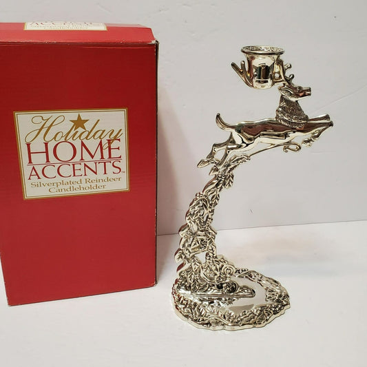 Godinger Silver Plate Flying Reindeer Christmas Candle Holder Boxed Vintage