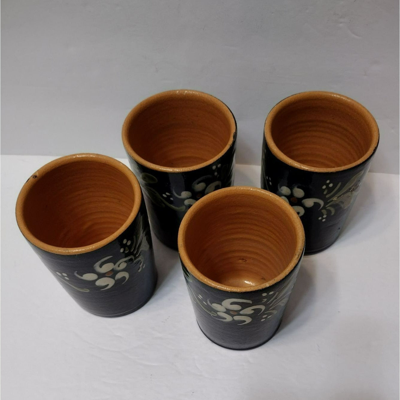 Alsace France Folk Art Pottery Cups, 4 pc, Vintage French Tumblers Blue Floral