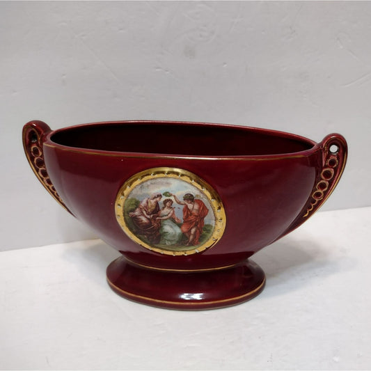 Antique Sevres Style Ceramic Planter Urn, Ruby Red Gold Trim, Czechoslovakia