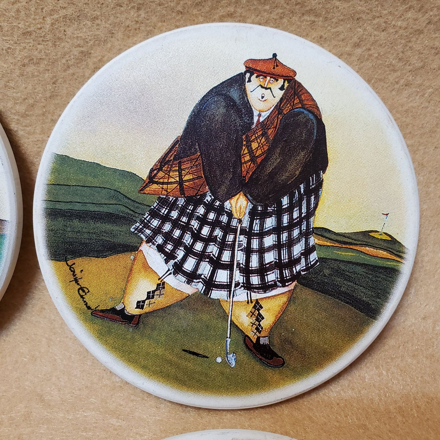 Golf Coasters, Jennifer Garant Ceramic Trivets, Set of 4, Cork Back, Scot Kilts