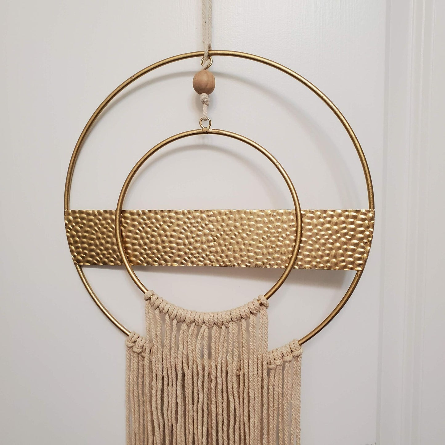 Macrame Wall Hanging, Dream Catcher, Gold Tone Brass and Cotton, Boho Wall Decor