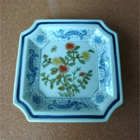 Andrea by Sadek Decorative Square Plate, 8" Vintage Trinket Dish, #8663, Floral Butterfly Blue and White Border