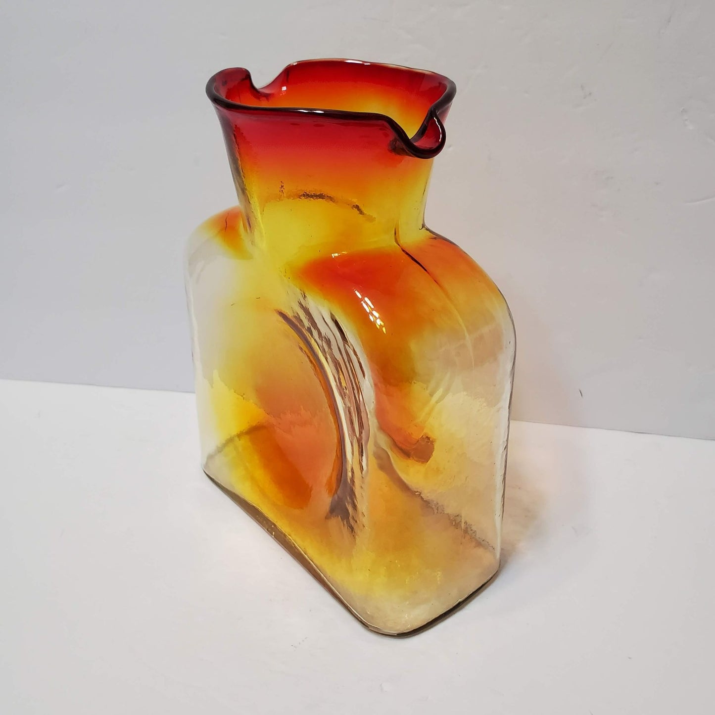 Vintage Blenko 384 Amberina Tangerine Glass Water Bottle Carafe Pitcher, Orange Yellow Art Glass Hand Blown