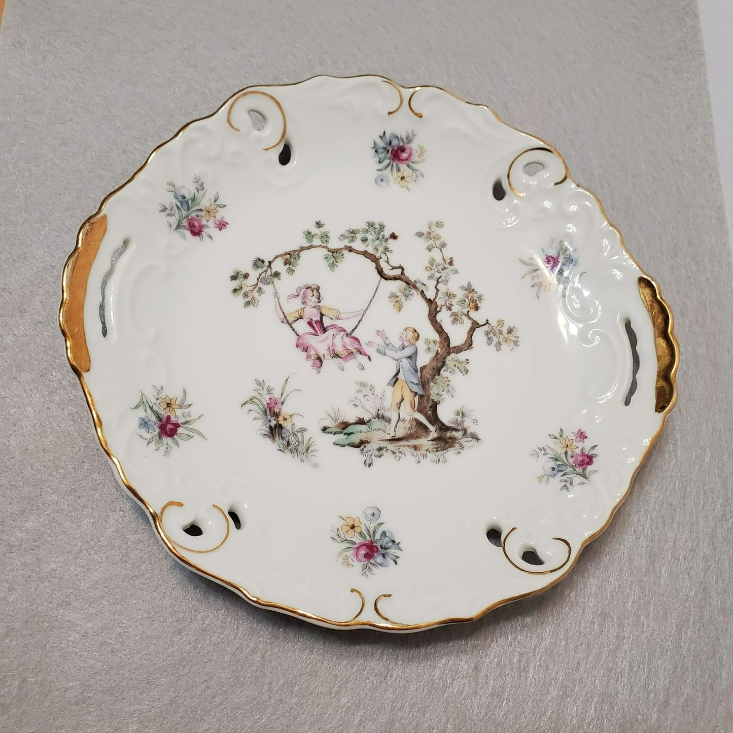 Vintage Victorian Handled Cake Plate, Gilded Porcelain, Courting Couple on Swing