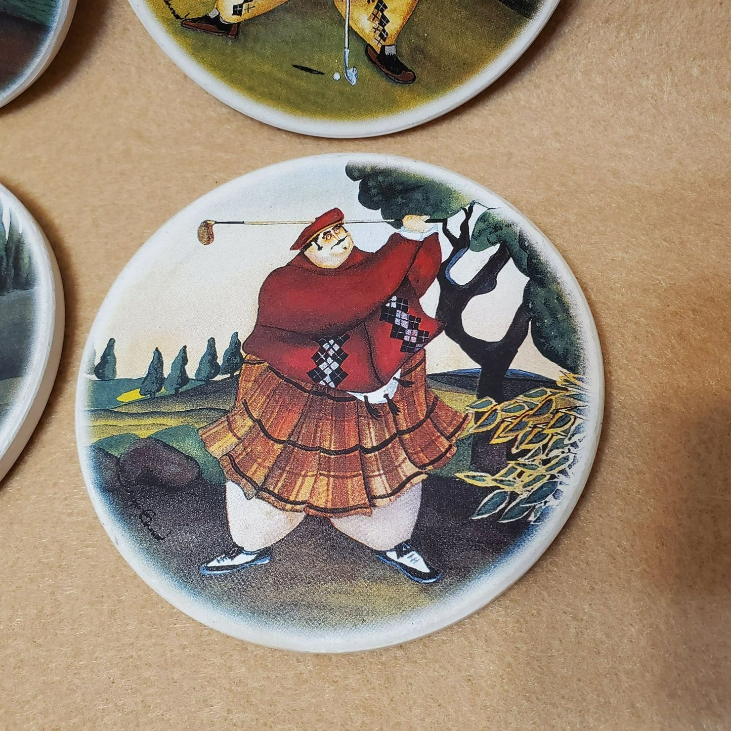 Golf Coasters, Jennifer Garant Ceramic Trivets, Set of 4, Cork Back, Scot Kilts