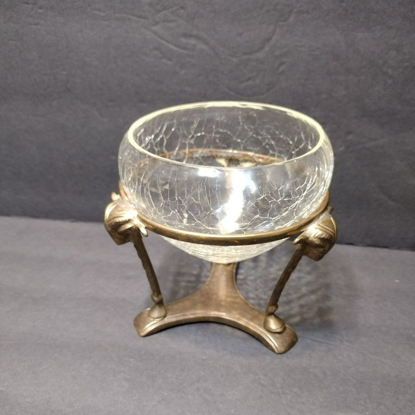 Vintage Crackle Glass Bowl in Ornate Brass Stand, Vase Gold Rams' Head Pedestal