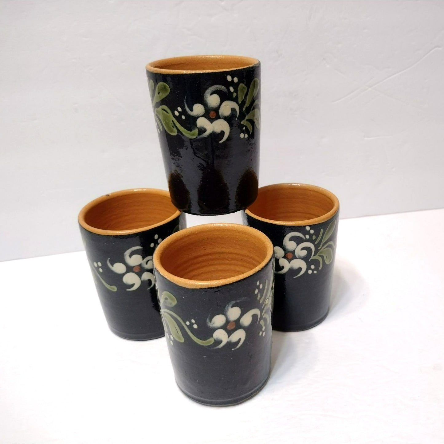 Alsace France Folk Art Pottery Cups, 4 pc, Vintage French Tumblers Blue Floral