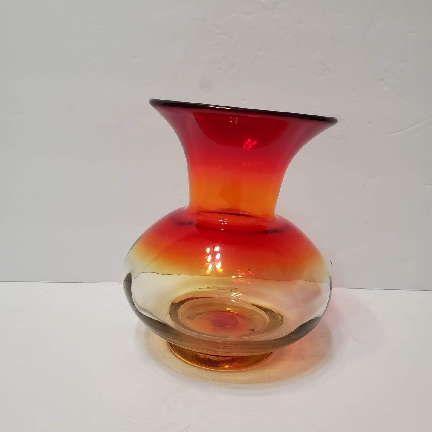 Vintage Blenko Art Glass Hand Blown Amberina Vase, 6" Tall Bulbous Orange Yellow