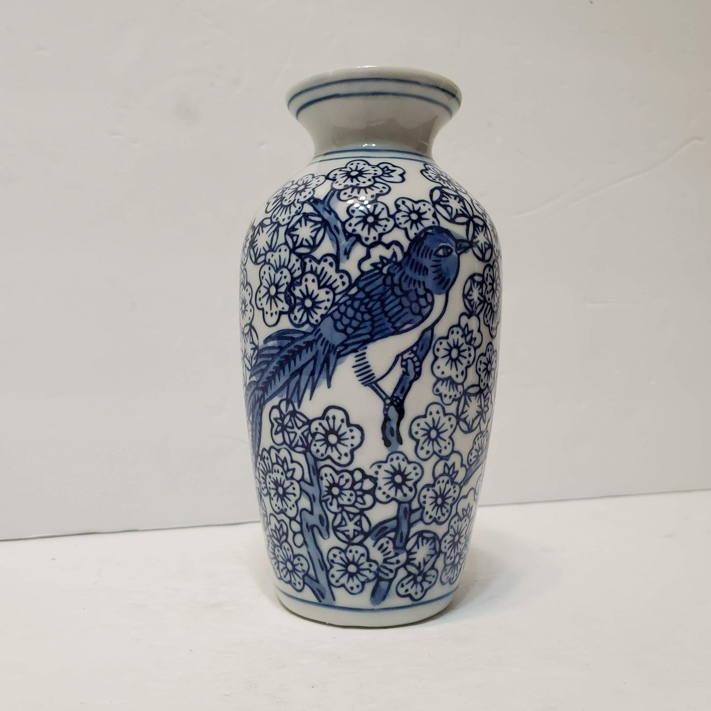 Blue & White Porcelain Vase, Chinoiserie Asian Style Floral Bird 6" Ceramic Vase