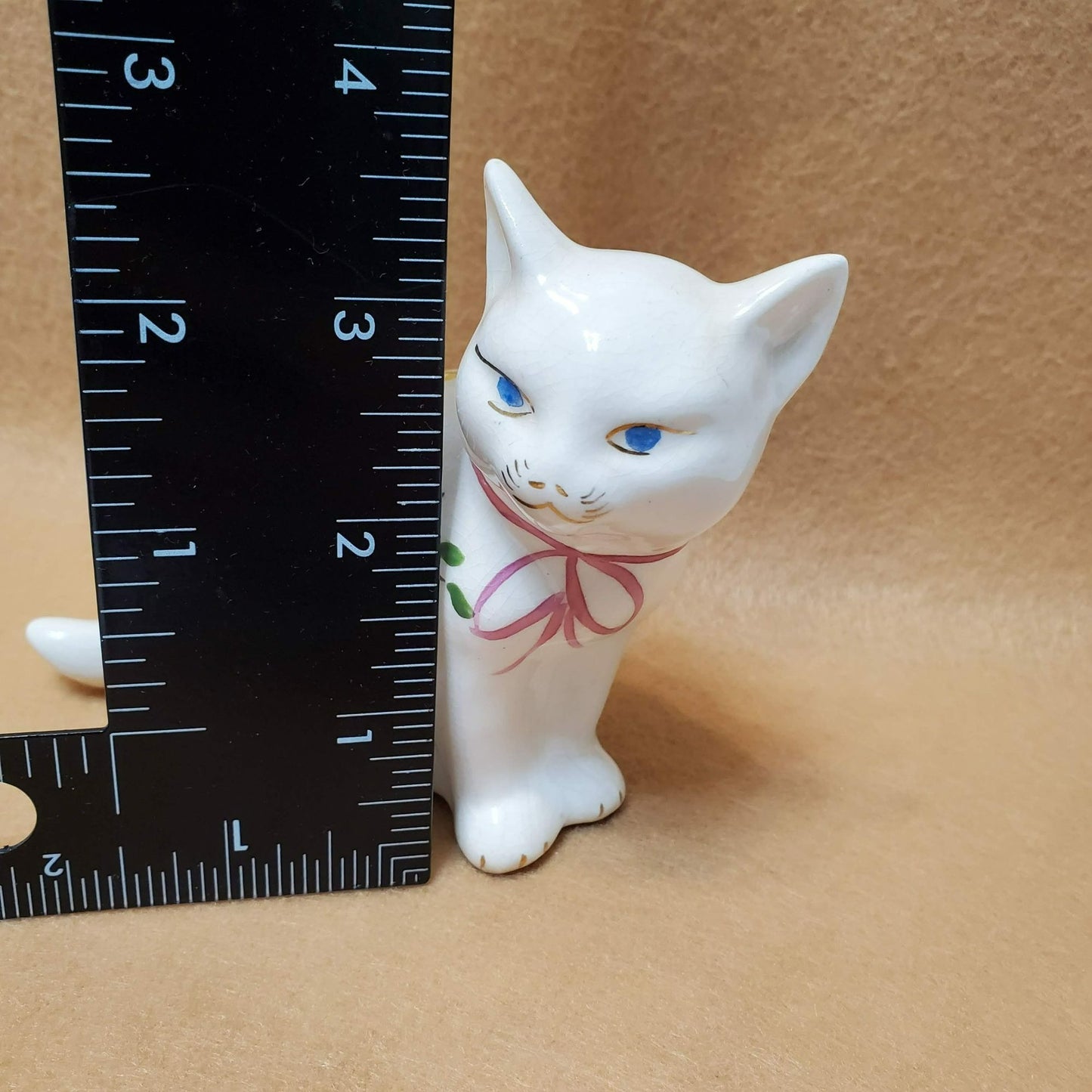 Vintage White Floral Cat Figurine, Pink Bow Hand Painted Flowers Blue Eye Kitten