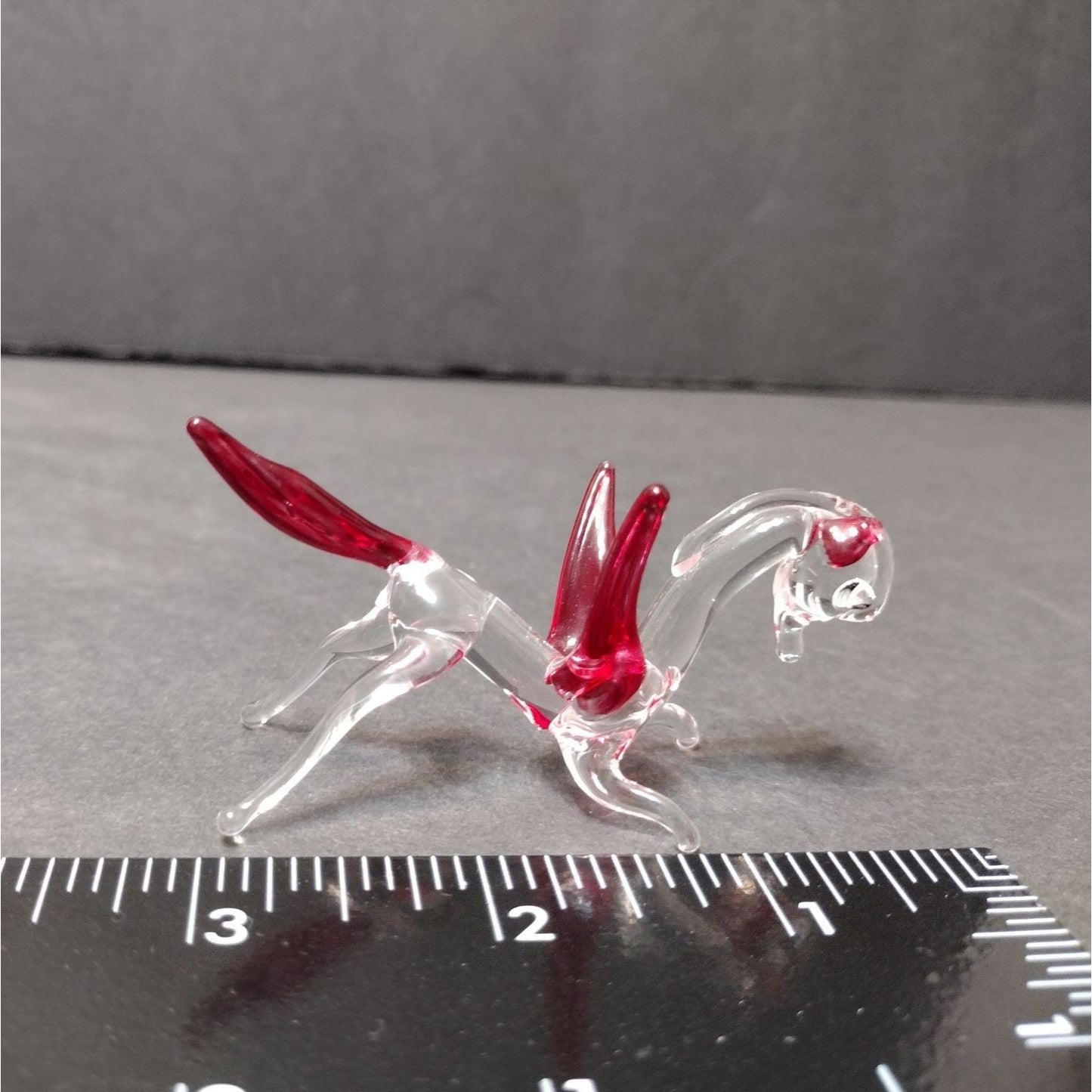 Miniature Art Glass Pegasus, Tiny Glass Animal, Flying Horse, Pink Red Clear