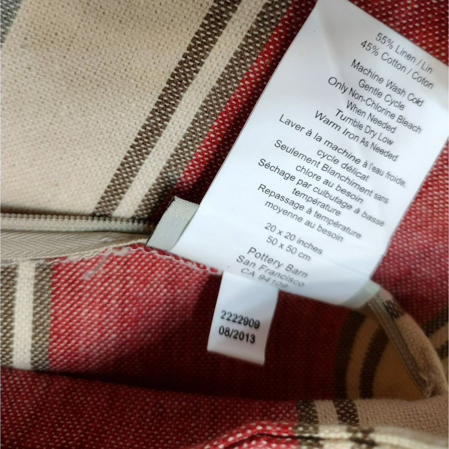 2 Pottery Barn Throw Pillow Covers 20x20" Linen Striped Red Tan Beige 2013