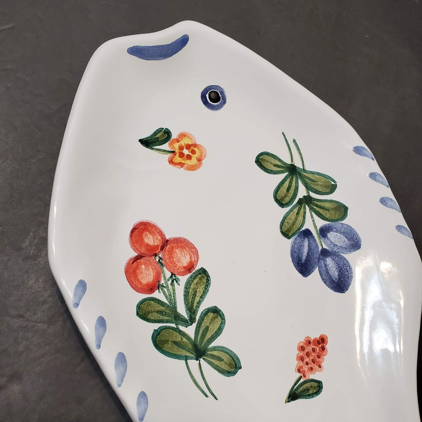 Hand Painted Ceramic Floral Fish Plate, Presen Tense Handpainted Hungary Redware