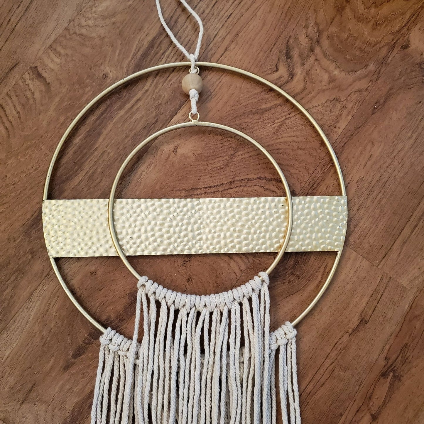 Macrame Wall Hanging, Dream Catcher, Gold Tone Brass and Cotton, Boho Wall Decor