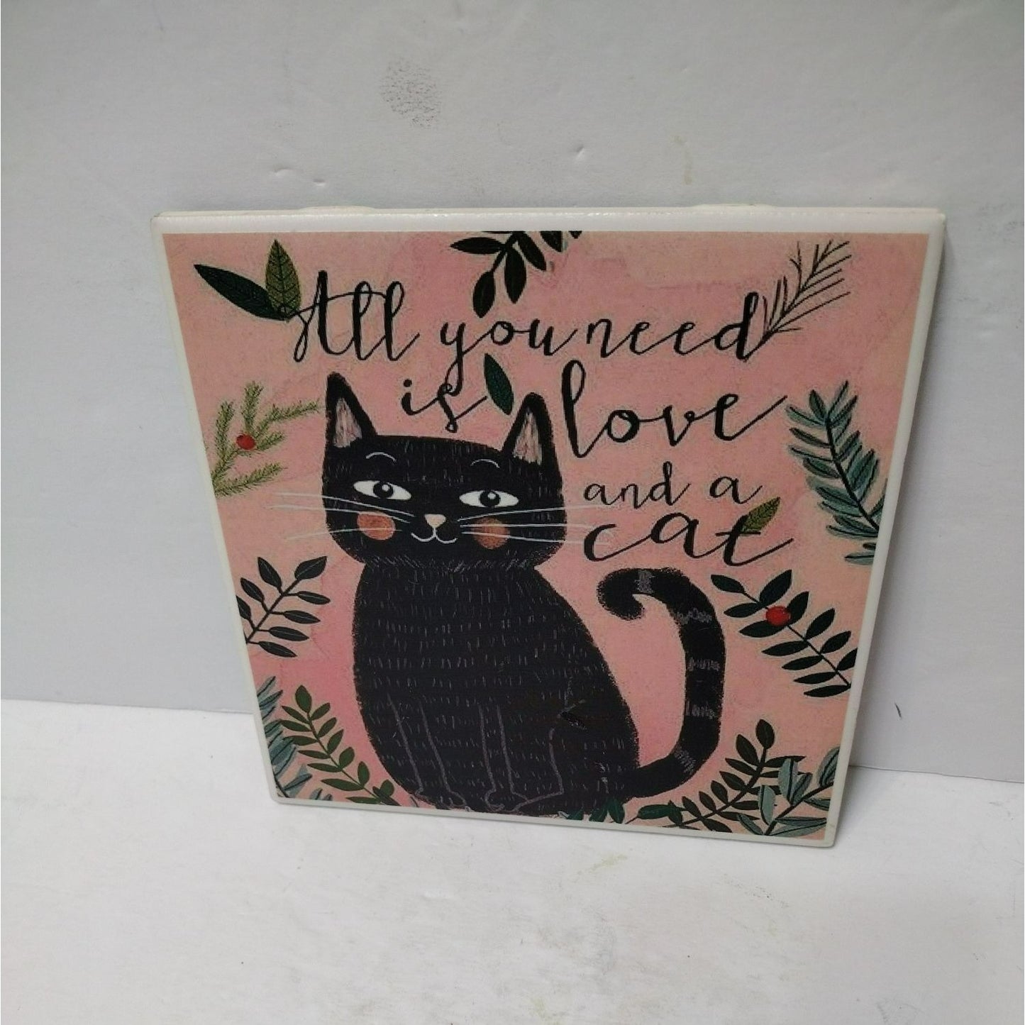 Hand Crafted Love and Cat Ceramic Wall Art Tile by Kure Kreations 6x6" Trivet