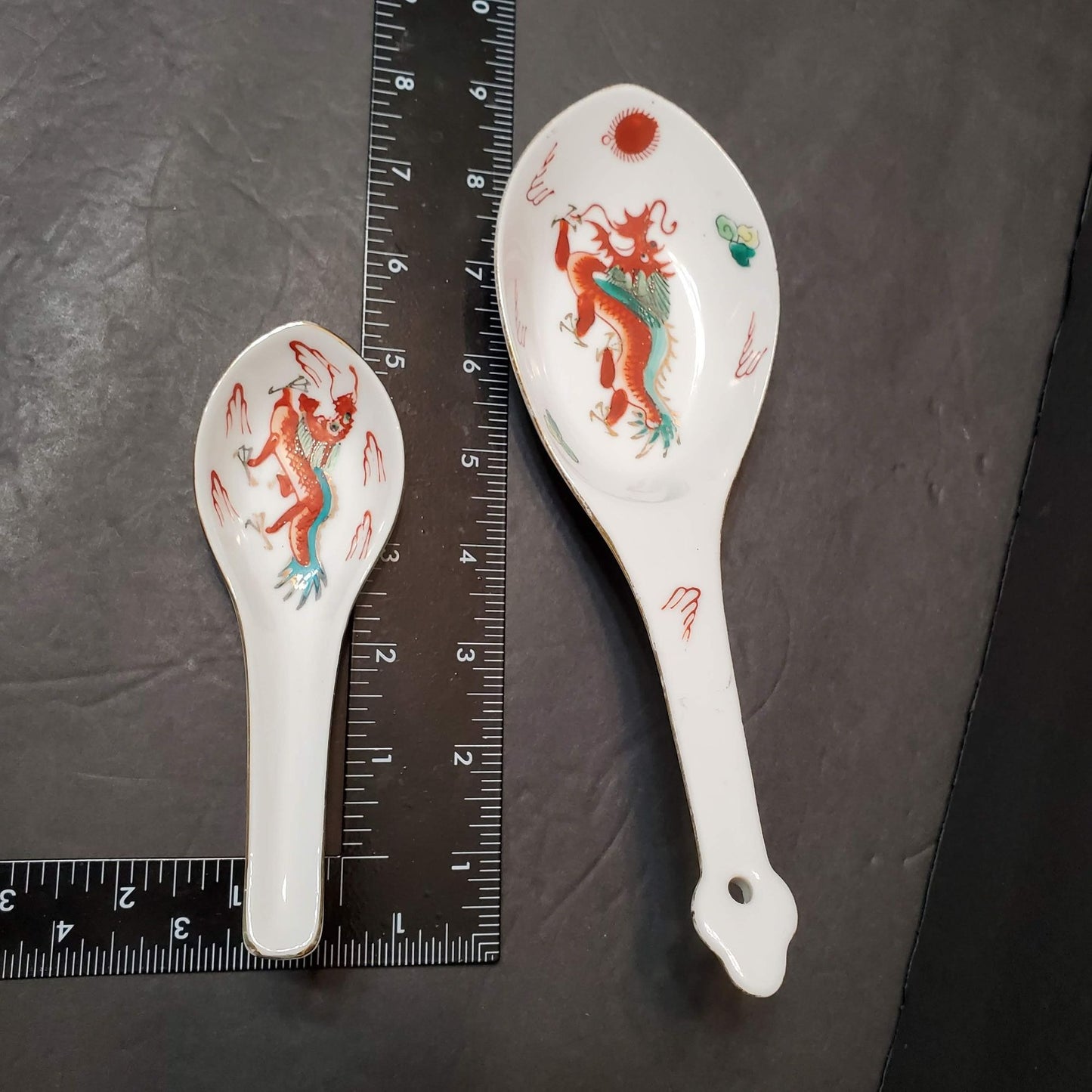 Vintage Asian Japanese Soup Spoons and Server, Set of 11, Red Dragon Gold Edging